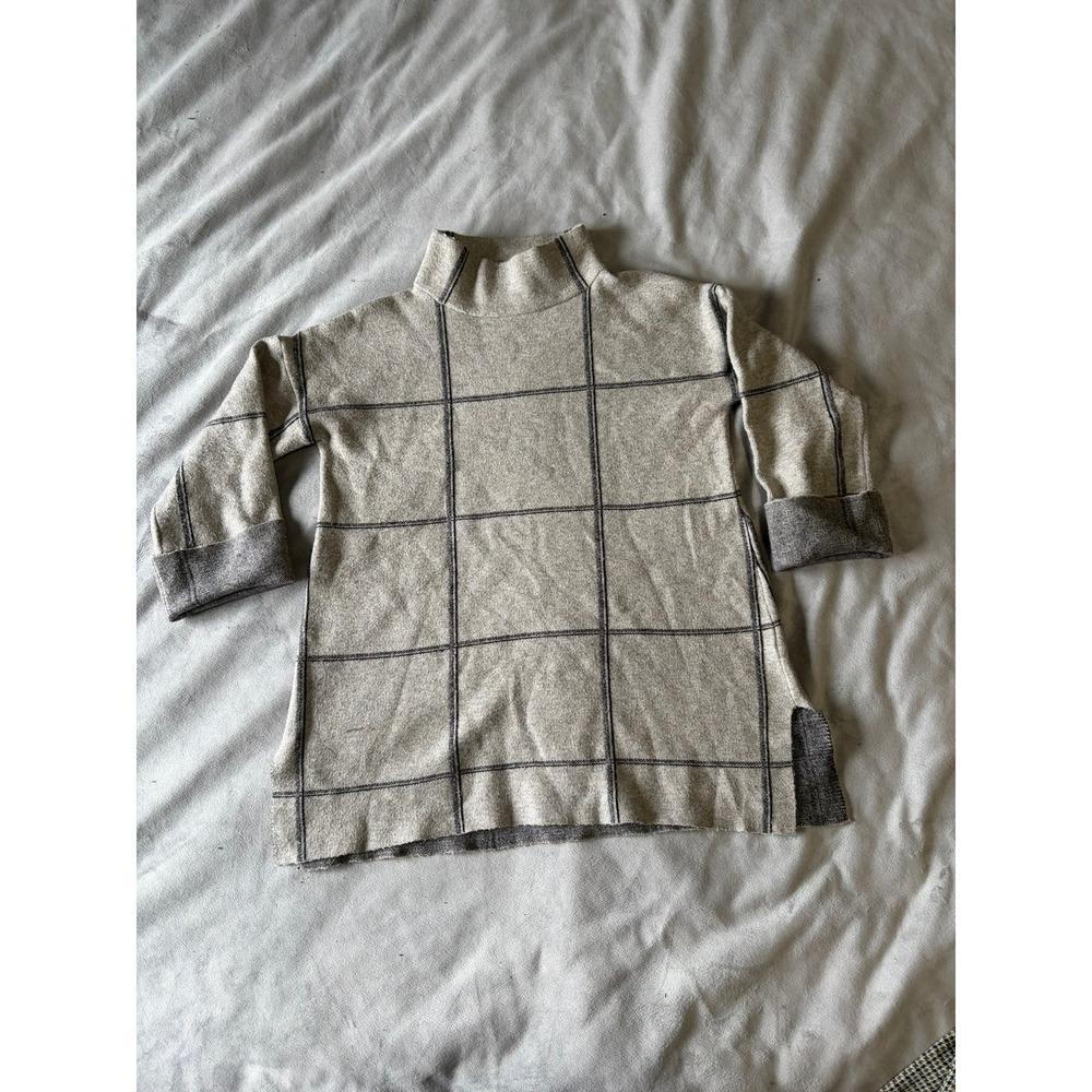 Tahari Windowpane Check Mock Neck Sweater Beige Black Grid Tunic XS